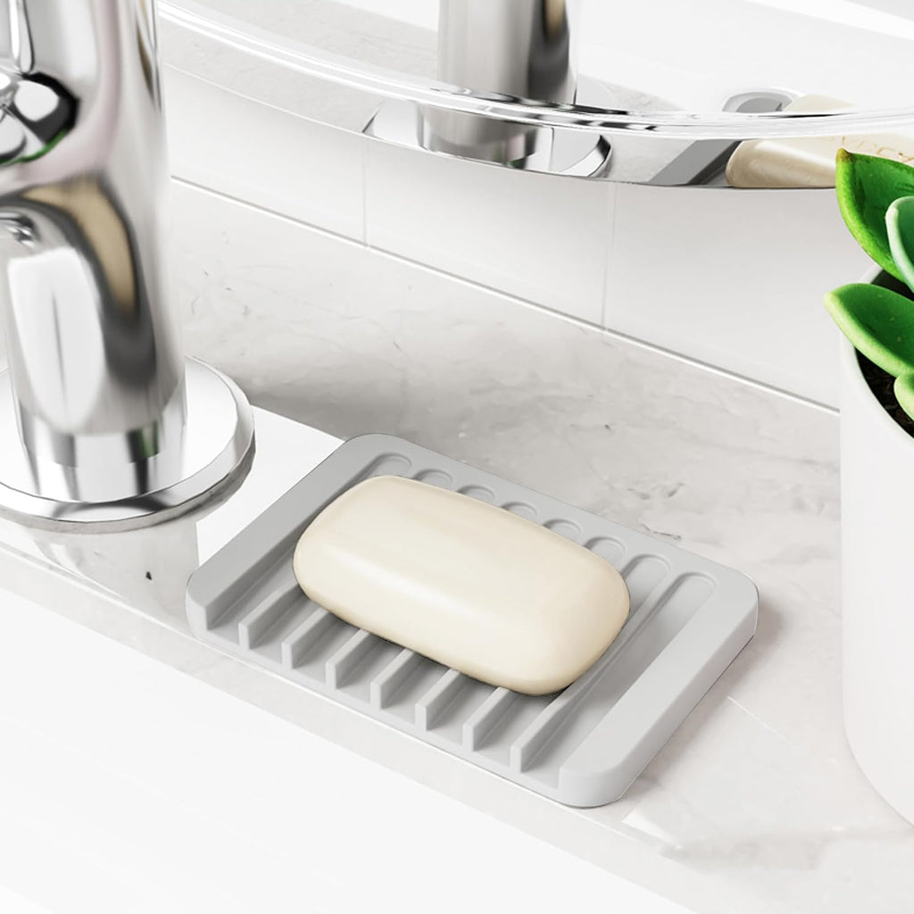 4-Pack Self Draining Soap Dish for Shower Bathroom Waterfall Silicone Soap Saver Tray Sponge Holder for Kitchen Sink Non-Slip Easy Clean (White)