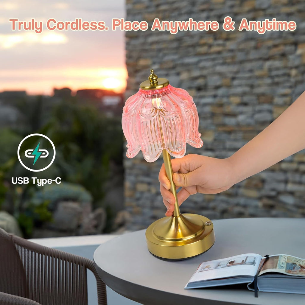 Cordless Table Lamp, Rechargeable Pink Glass Lotus Flower Lamp