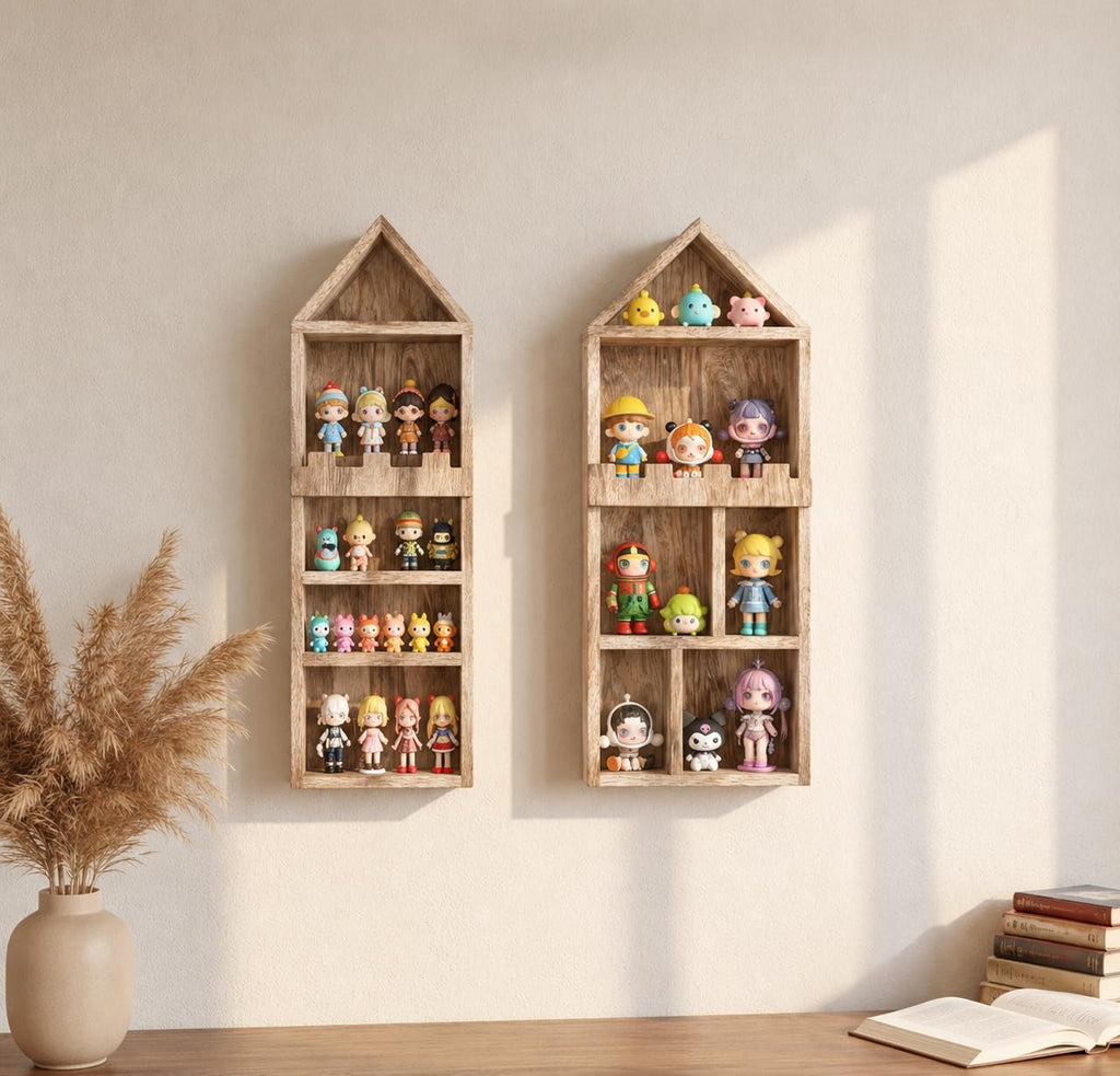 Rustic Wood Trinket Shelf,House and Castle Design Shadow Cubby Box(2 Pack)