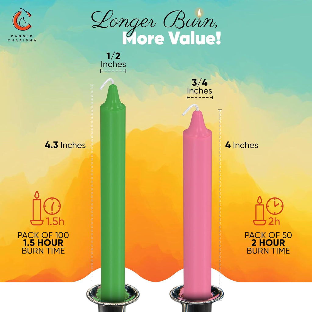 Candle Charisma 100 Multi-Colored Spell Candles - 4" Unscented Paraffin Chime Candles, Smokeless & Dripless, Colored Candles, 1.5 Hours Burn Time 0.4" Thick Taper Candles for Parties