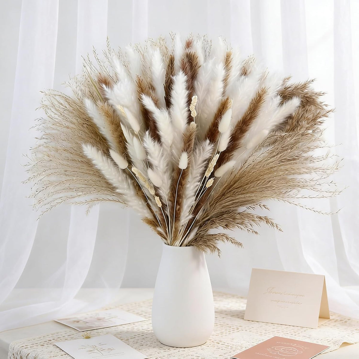 17" Tall Dried Pampas Grass & Bunny Tails & Reed Grass, Boho Floral Decor