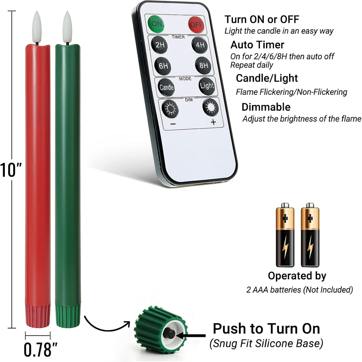 Stmarry Green and Red Flameless Taper Candles with Remote Control - 10 Inch LED Candlesticks Battery Operated, Realistic 3D Flame with Wick, Timer, 6 Pack Holiday Candles Christmas Decor
