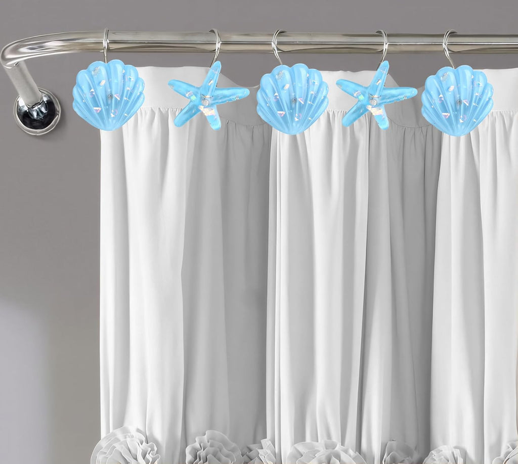 Seashell Shower Curtain Hooks, 12PCS Stainless Steel Anti Rust Starfish and Seashell Decorative Shower Hooks Ocean Theme Shower Curtain Hooks for Home Bathroom (Blue Seashell)