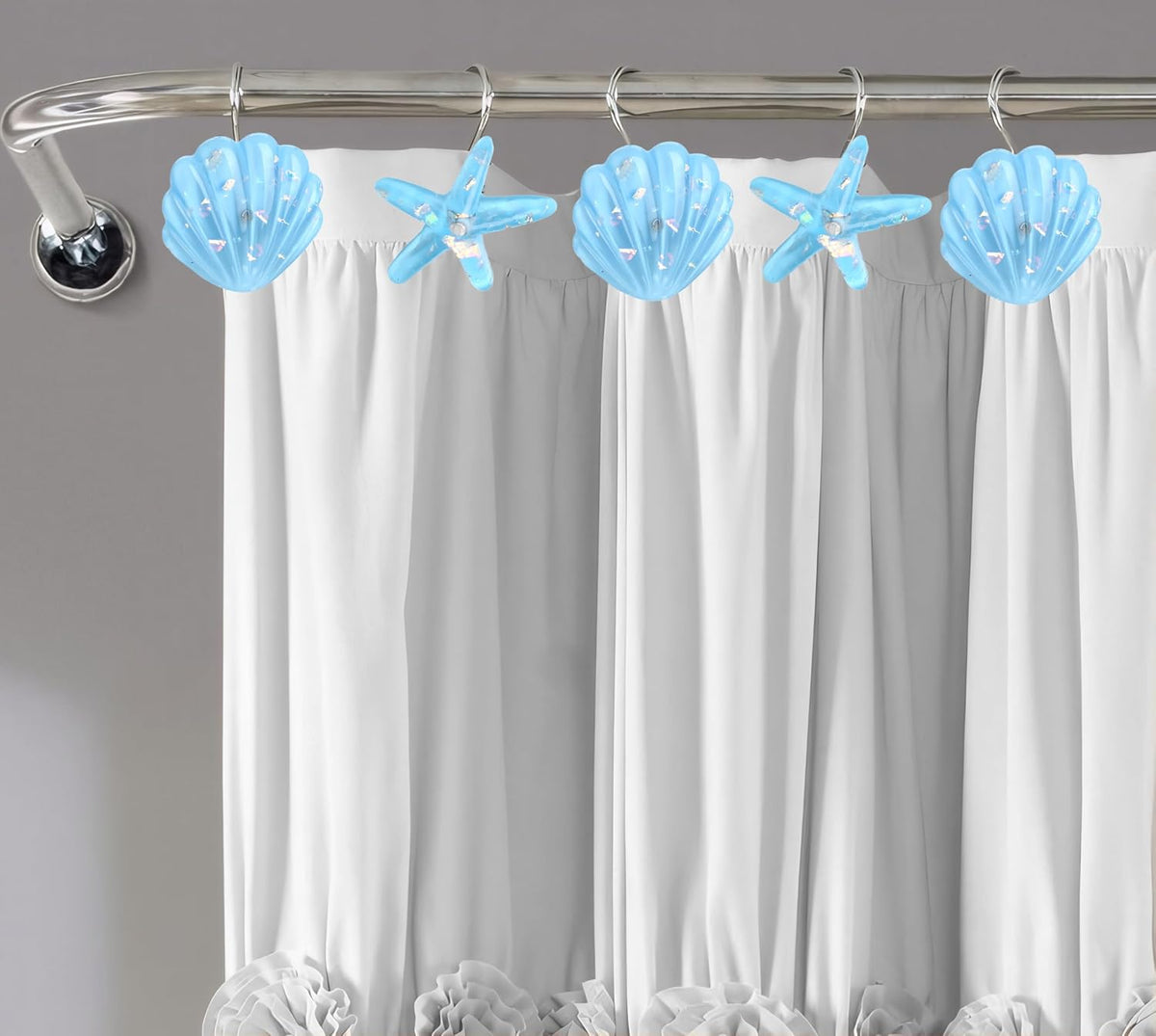 Seashell Shower Curtain Hooks, 12PCS Stainless Steel Anti Rust Starfish and Seashell Decorative Shower Hooks Ocean Theme Shower Curtain Hooks for Home Bathroom (Blue Seashell)