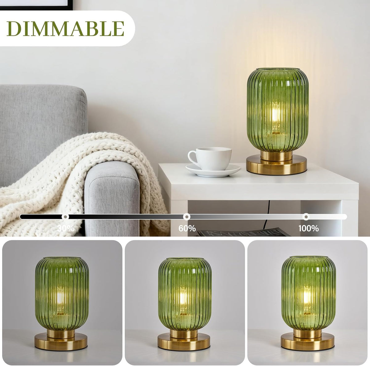 Mid Century Modern Table Lamp, 6" Green Glass Desk Lamp Plug In