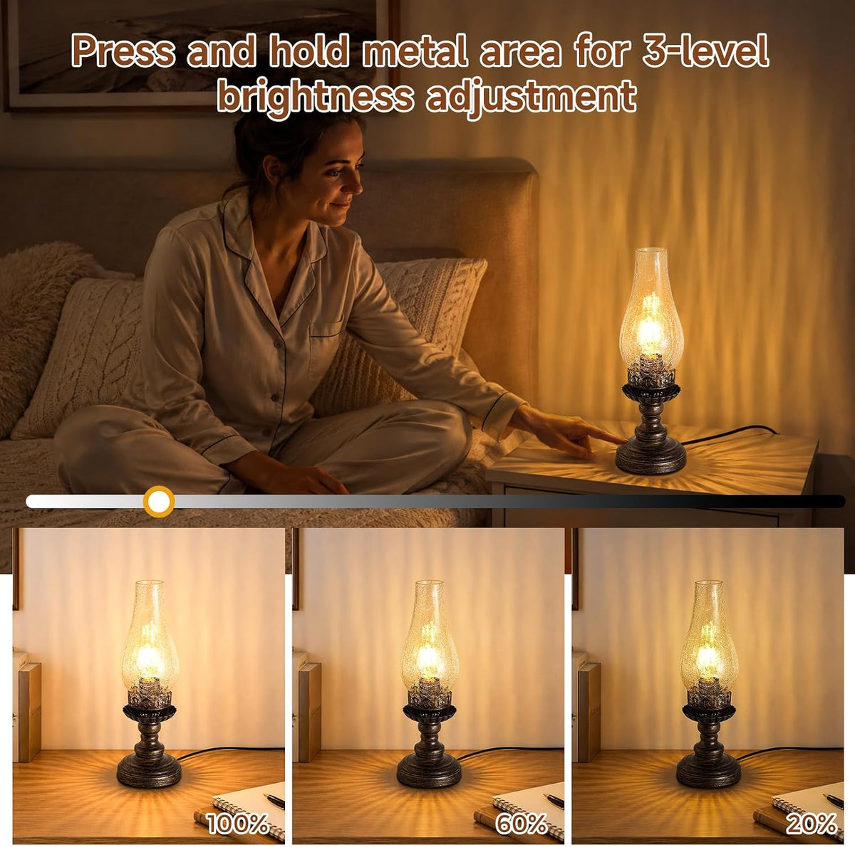 Set of 2 Vintage Table Lamps, Oil Lamp Style, E26 3-Level Dimming