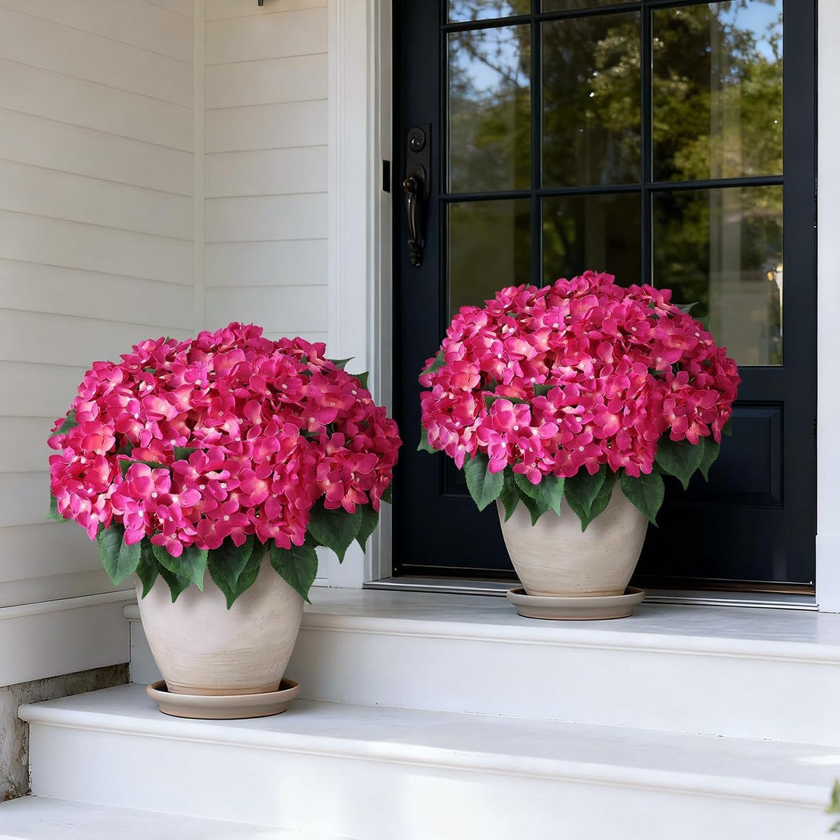2 Sets Artificial Hydrangea Flower Topiary Ball Trees for Porch (Rose Red)