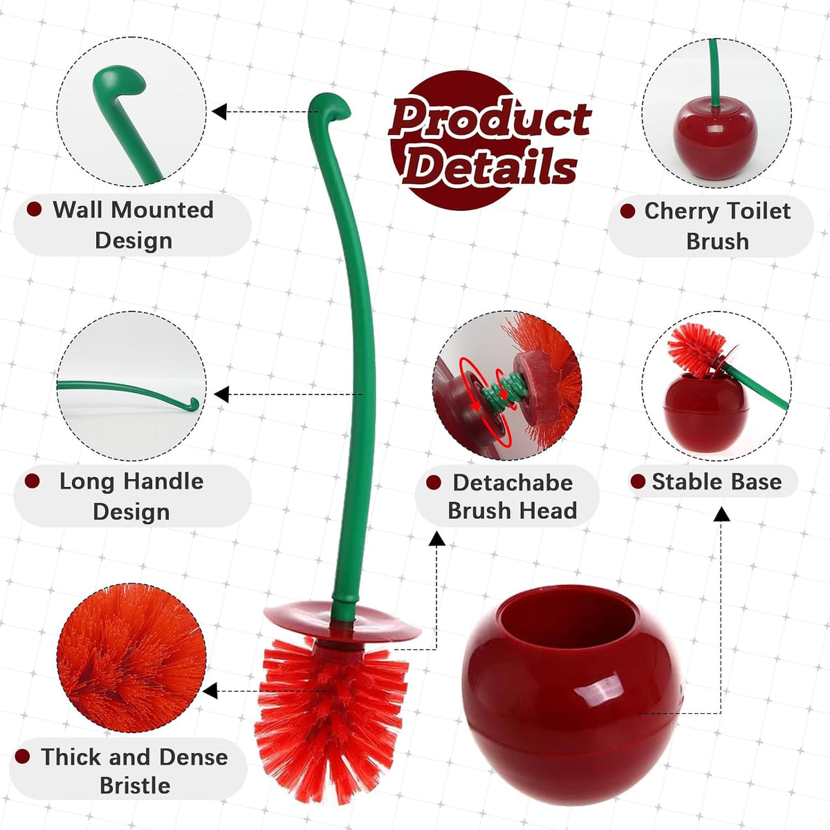 Cherry Toilet Brush with Holder Bowl&Long Handle, Bathroom Cleaning