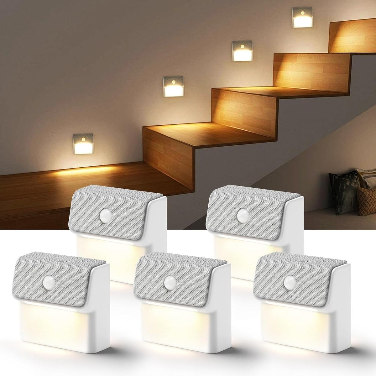LED Linkage Motion Sensor Night Light, Magnetic Stick-On Motion Activated Light, Rechargeable Battery Powered Wall Lamp, Dimmable Warm White Light, for Bedroom, Hallway, Stairs, Kitchen, 5 Pack