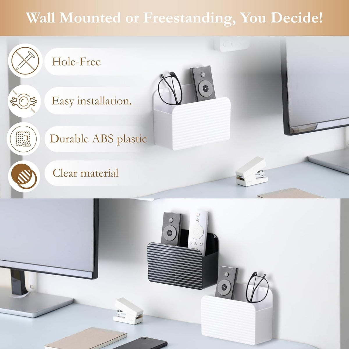 LINFIDITE Adhesive TV Remote Control Holder Wall Mount TV Remote Holder For Bedside Wall Remote Control Caddy Storage Organizer Stand Box （For 2 Or 4 Remote Controls –Whtie – Quantity 1）
