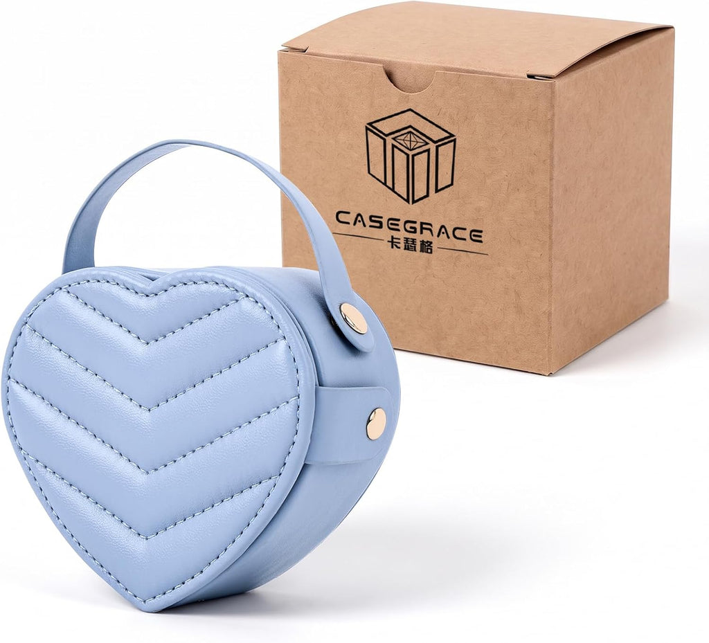 CASEGRACE Small Travel Jewelry Case, Elegant Heart Shaped Design with Detachable Handle,Portable Jewelry Organizer Box for Necklace Rings Earrings,Jewelry Storage for Women Girls (Blue)