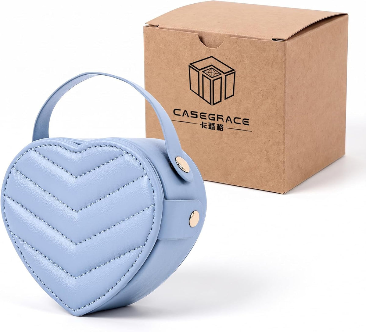 CASEGRACE Small Travel Jewelry Case, Elegant Heart Shaped Design with Detachable Handle,Portable Jewelry Organizer Box for Necklace Rings Earrings,Jewelry Storage for Women Girls (Blue)