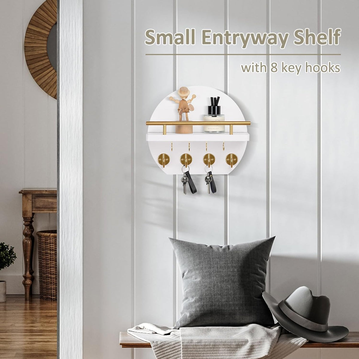 Nekon Key Holder for Wall, 9.8 Inch Round Wall Decor, White