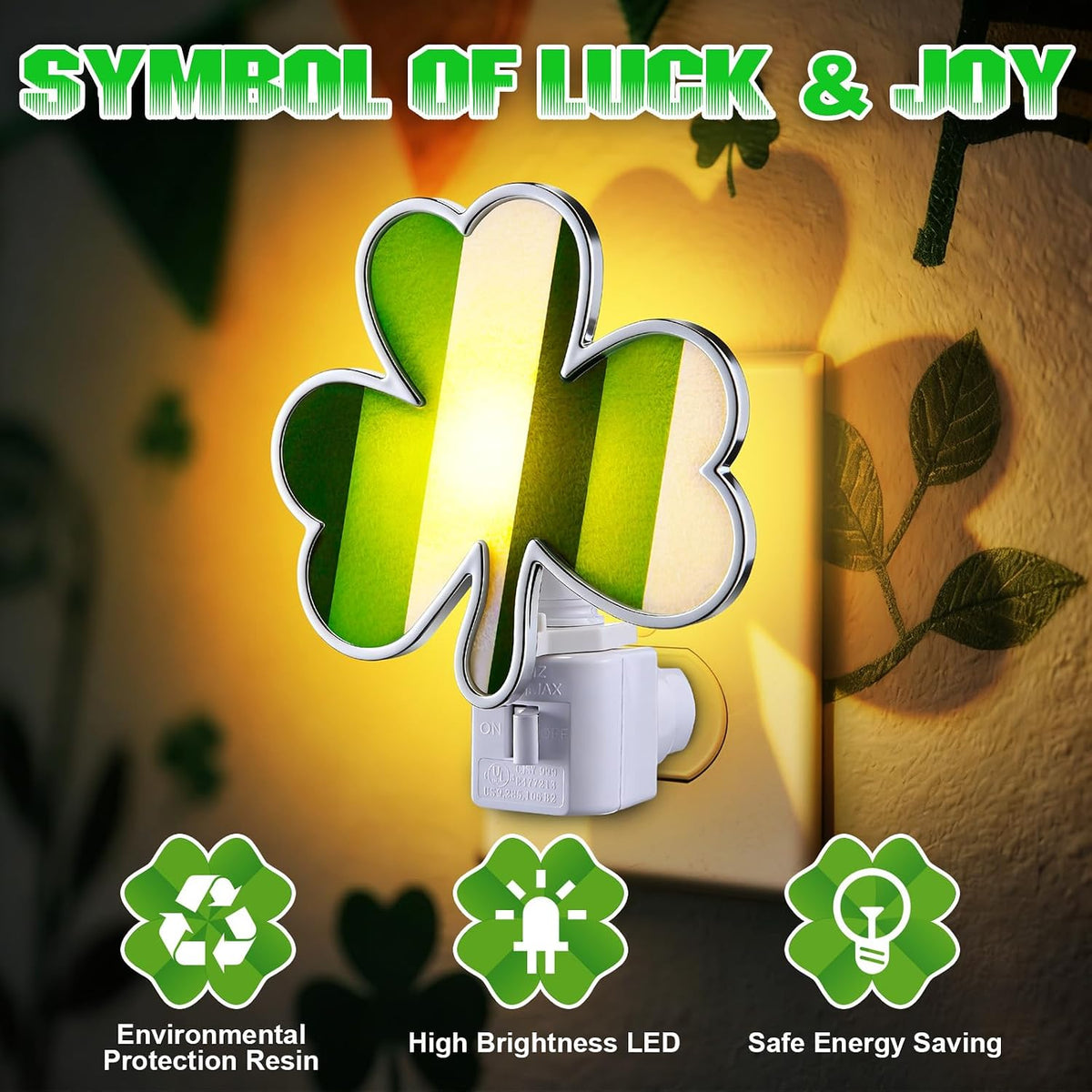 Hohean St. Patrick's Day Shamrock Night Light–UL Certification Plug in Irish Decor Lamp with C7 LED, Flocking & Acrylic, 360° Rotating Plug for Bedroom, Bathroom & Hallway–Green Holiday Lighting Gift