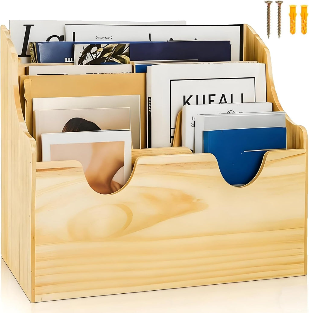 Wall Mounted Wood File Holder, 4 Tiers Magazine Organizer