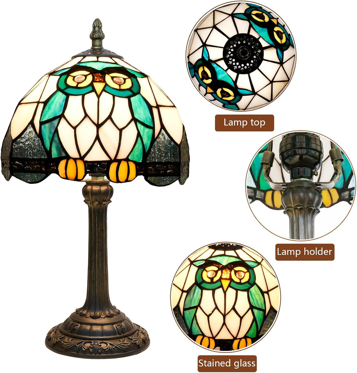 Tiffany Owl Animal Stained Glass Table Lamp Handmade Bedside Table Night Unique Cute Accent Nightstand Light Antique Art Craft Gifts Lamp for Home Office Dormitory Bar Decorate