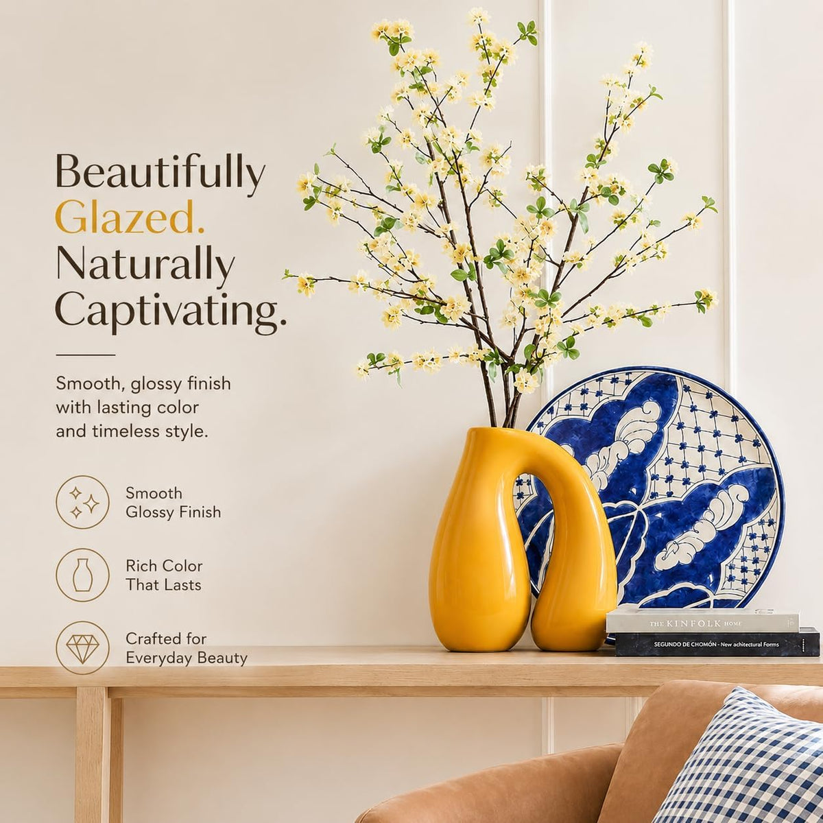 Yellow Ceramic Vase for Pampas, Boho Shelf & Table Decor