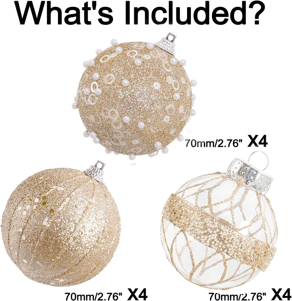 XmasExp Christmas Ball Ornament Set-Shatterproof Clear Pastic Tree Decorations Xmas Hanging Ornament for Xmas Party (Champagne Gold, 70mm/2.75")