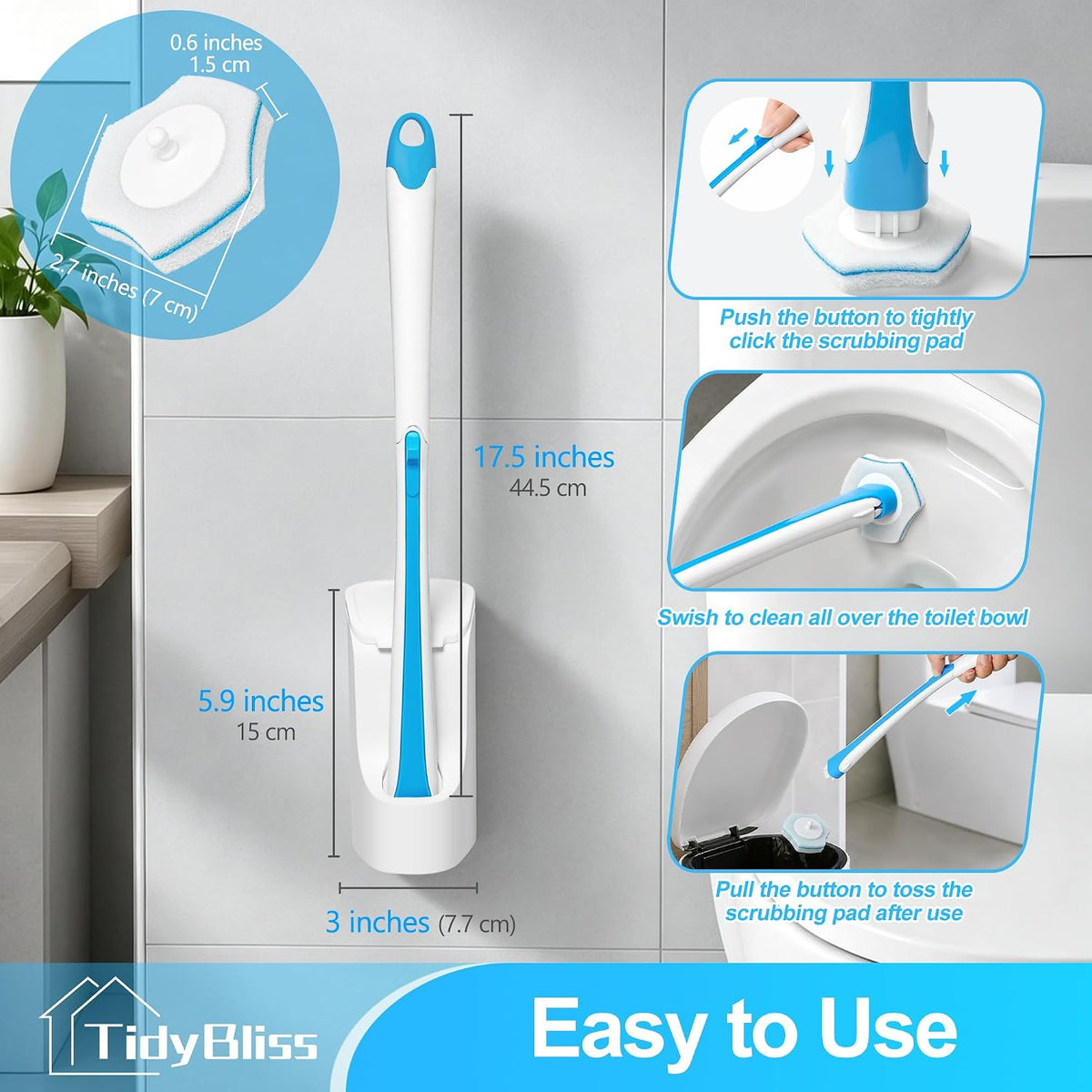 TidyBliss Disposable Toilet Brush and Holder Set with 64 Cleaner Refills