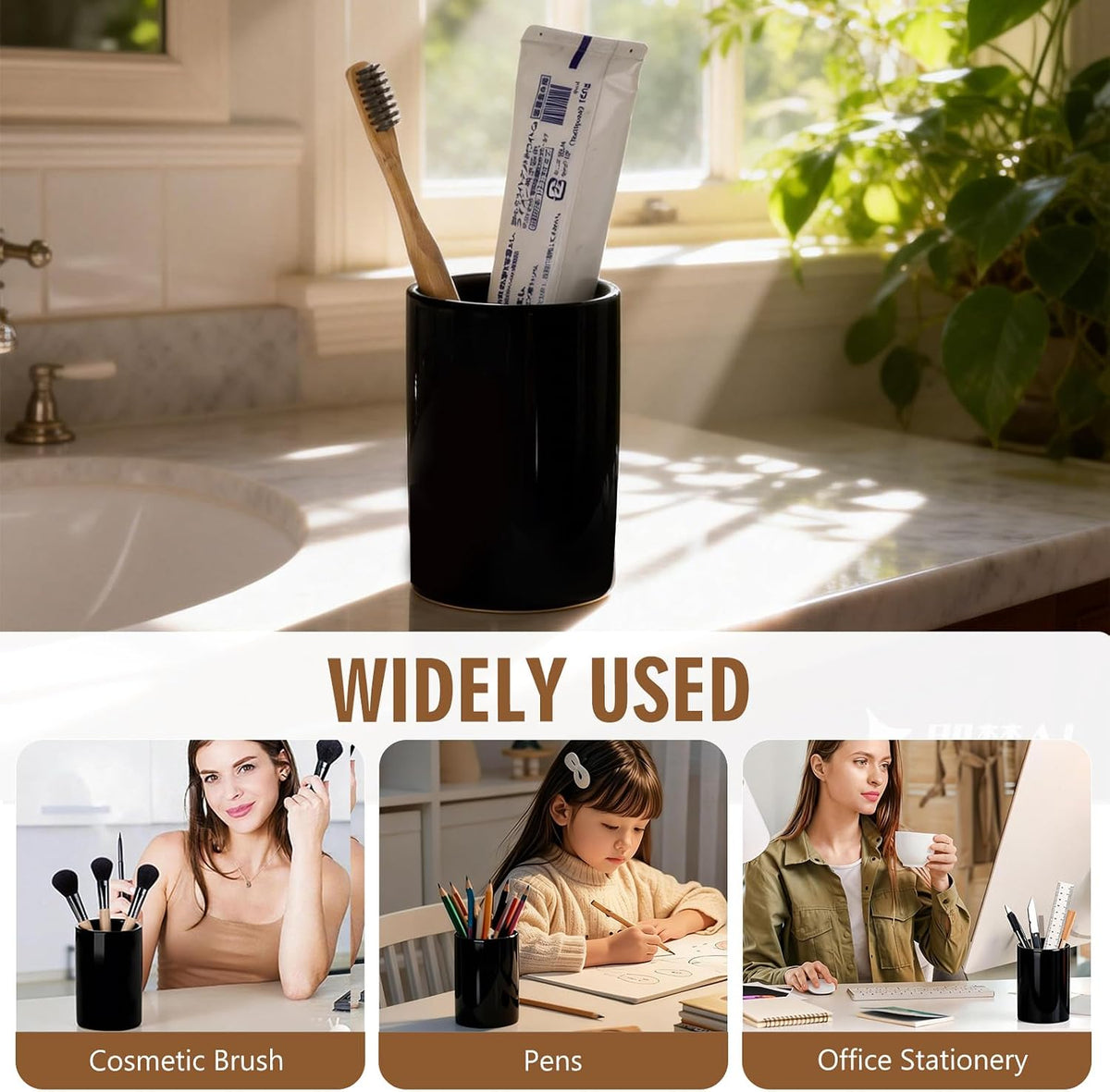 Glossy Black Ceramic Toothbrush Holders for Bathroom Countertop, 2 Pack