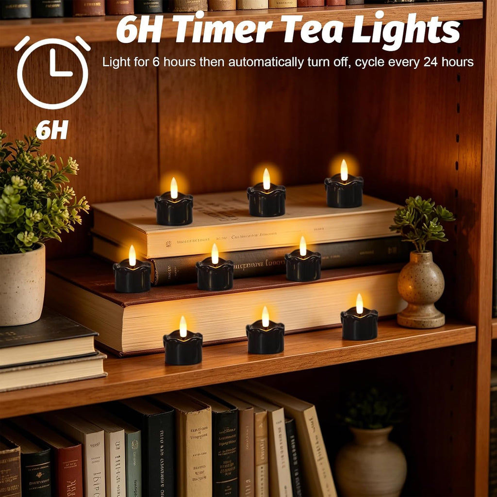 Wondise 12pcs Black Real Wax Halloween Flameless Tea Lights with 6H Timer