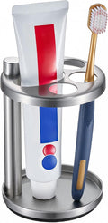Toothbrush & Toothpaste Holder for Bathroom Countertop, Metal Electric Toothbrush Stand with Razor Slot, Ideal Design Caddy for Kids & Family, Brushed Silver