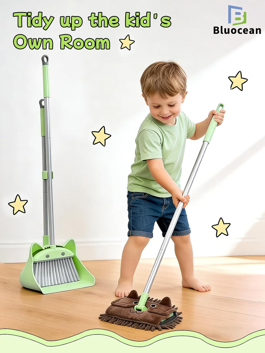 Toddler Cleaning Toy Set-28'' Kids Mini Broom with Dustpan & Mop, Toddler Household Helper, Parent-Child Interactive Play Cleaning Tool, Cute Cartoon Design, Small Safe Corner Broom (Green)