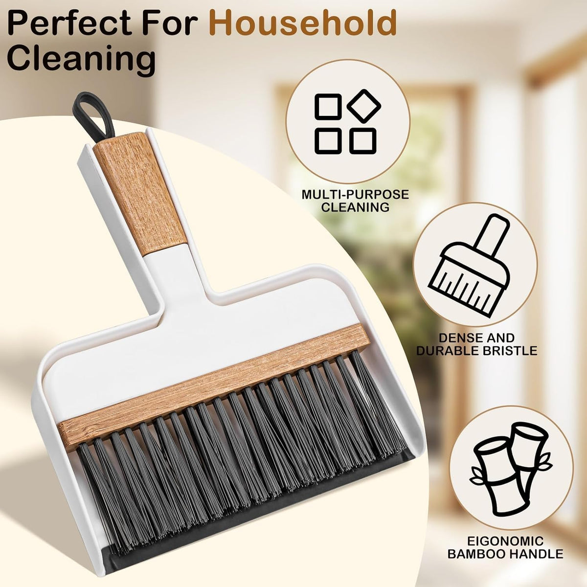 ThinkLearn Mini Dustpan and Brush Set, Bamboo Handle with Rubber Lip