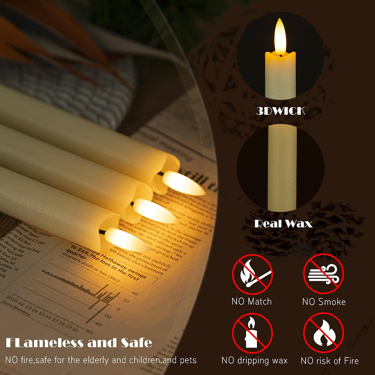 JOIONE Ivory Flameless Taper Candles with Remote, 6 Pack Flickering Tapers