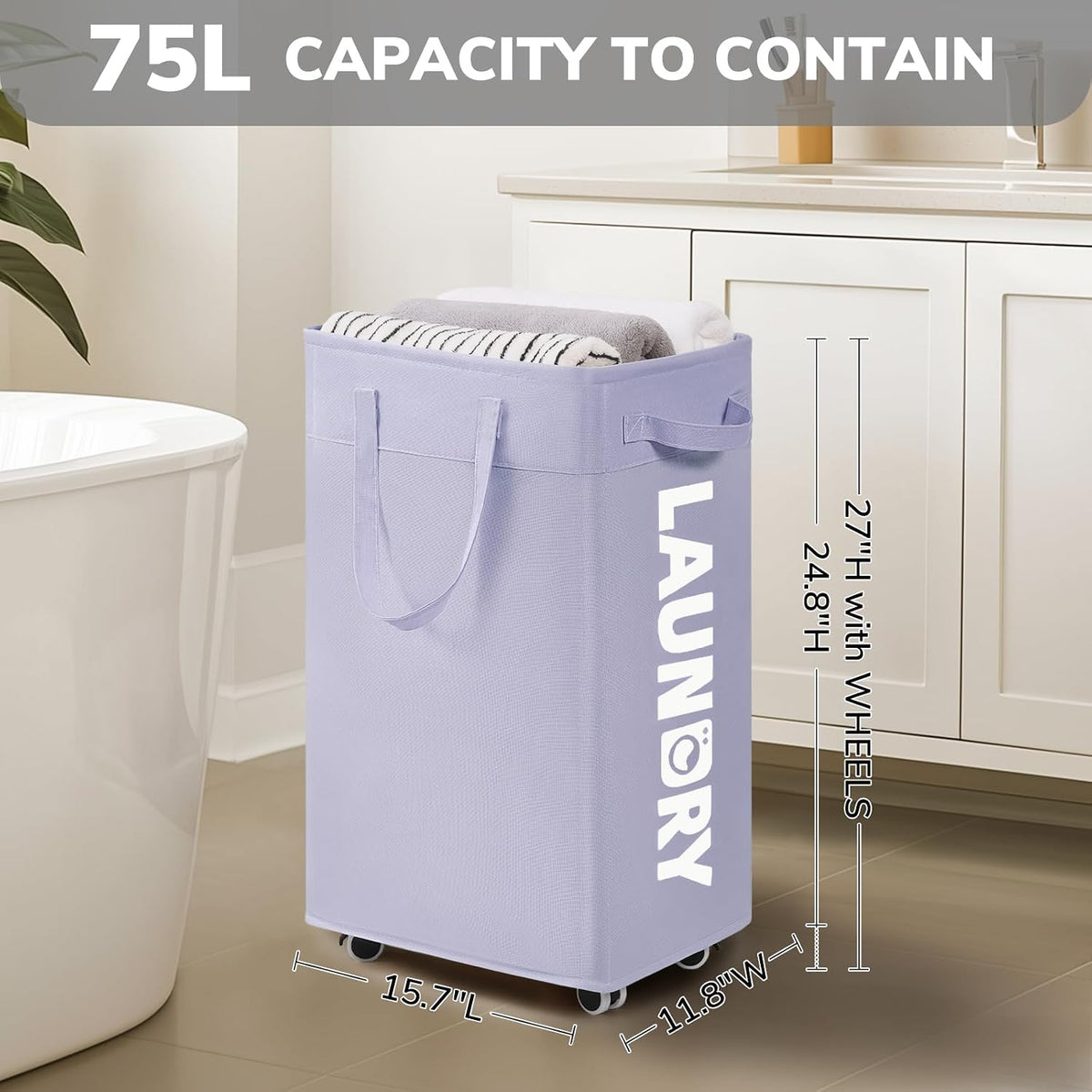 Goodpcik 75L Rolling Laundry Hamper with Wheels, Laundry Hamper for Dorm