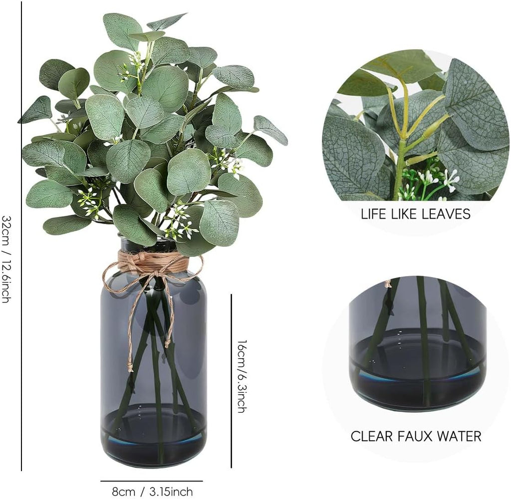 SwanMoon Artificial Eucalyptus Stems in Glass Vase with Faux Water, 14 Inch Mini Faux Greenery Plant for Bathroom Vanity, Coffee Table, Farmhouse Office, Wedding Home Table Centerpieces Decor