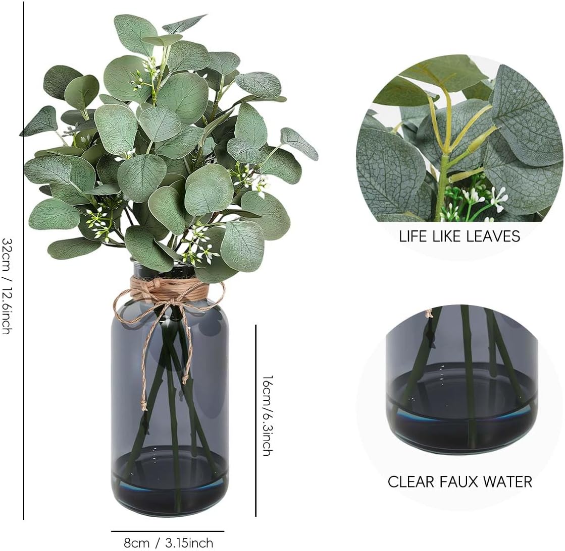 SwanMoon Artificial Eucalyptus Stems in Glass Vase with Faux Water, 14 Inch Mini Faux Greenery Plant for Bathroom Vanity, Coffee Table, Farmhouse Office, Wedding Home Table Centerpieces Decor