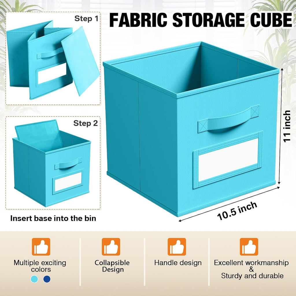 10 Pack Fabric Storage Cubes with Label 11" Collapsible Cube Bins, Blue