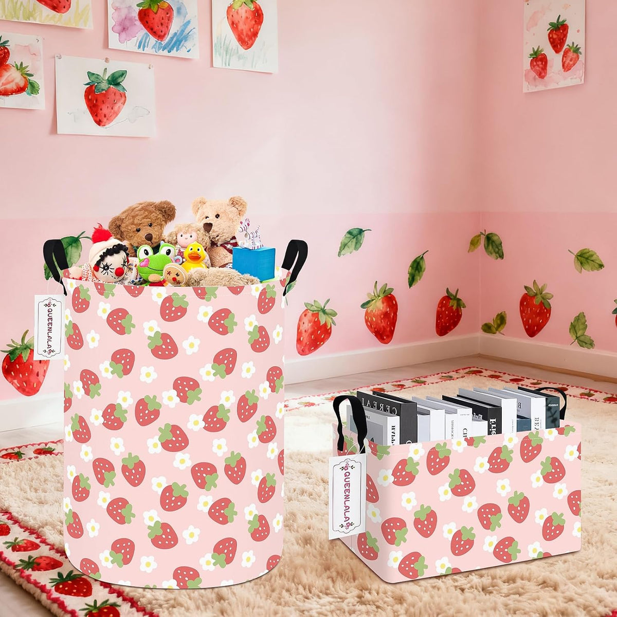 Foldable Waterproof Round Fabric Laundry Basket Home, Pink Strawberry