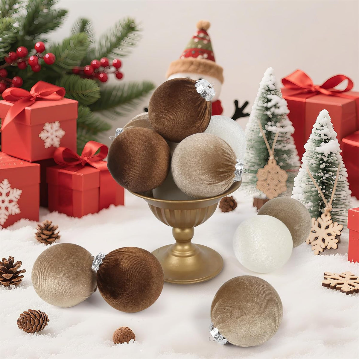 15PCS 3.15 inch Brown and Ivory Velvet Christmas Ball Ornaments Set