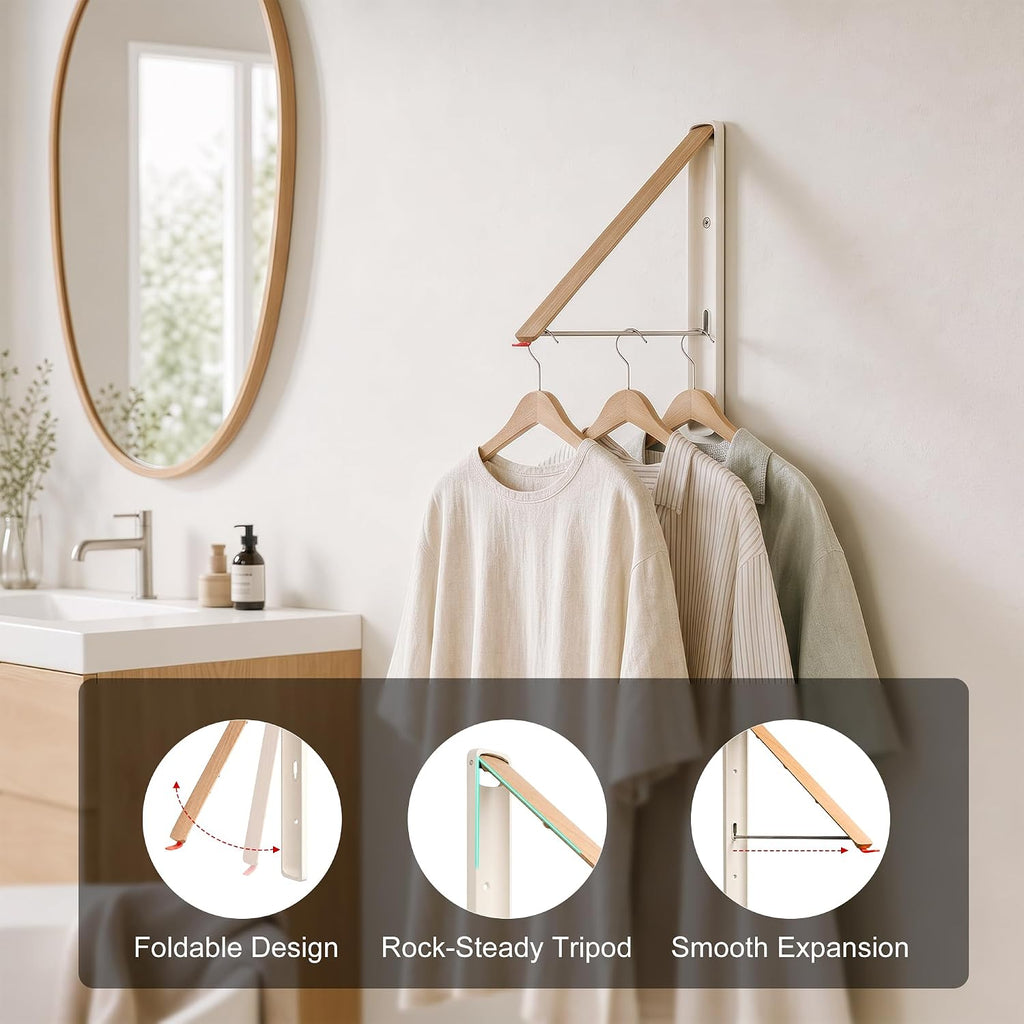 LEQ Clothes Drying Rack Wall Mounted, Foldable Laundry Drying Rack with Wood-Tone Aluminum Frame, Rustproof Retractable Clothes Hanger for Small Laundry Room, Bathroom, Balcony,White