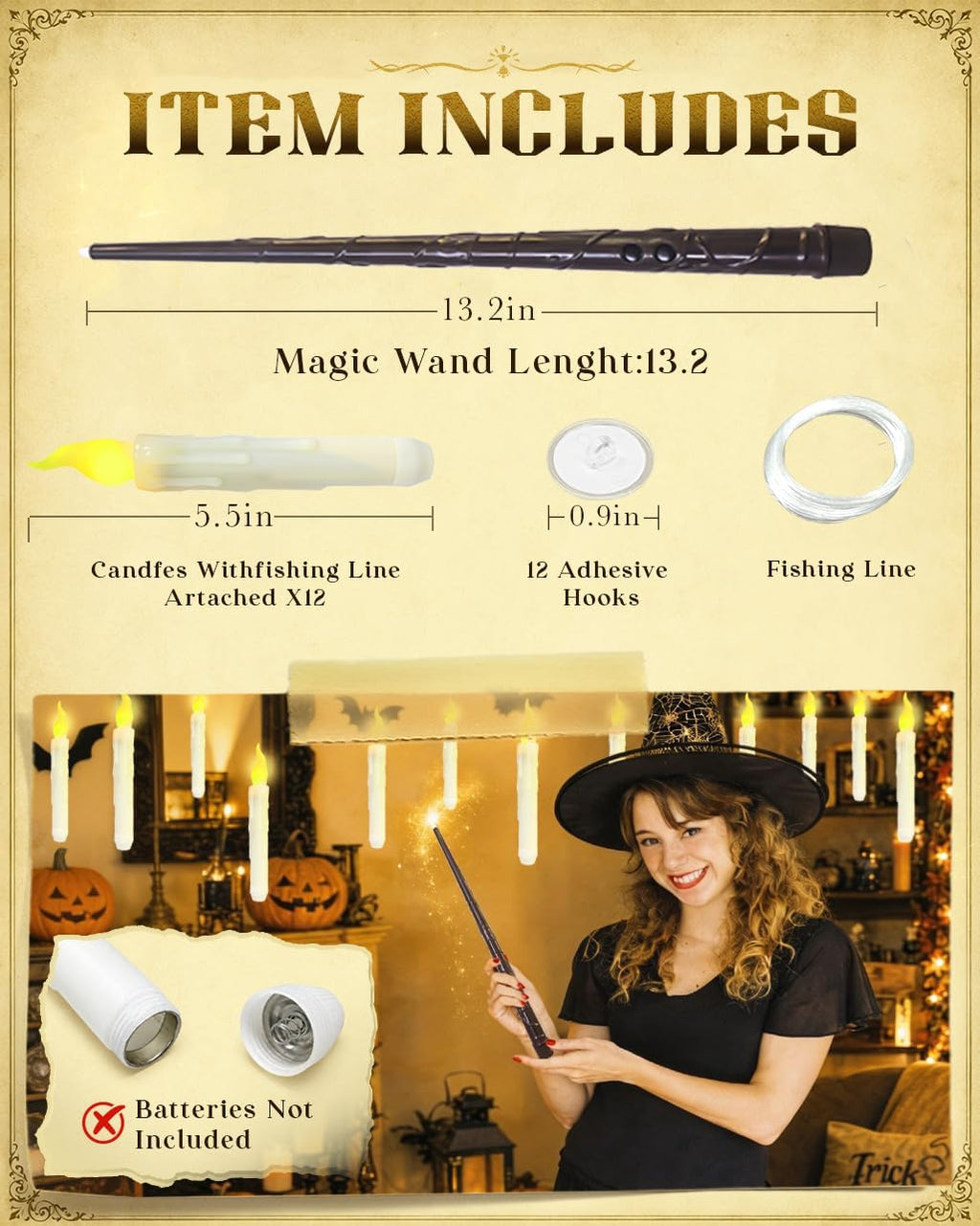 Flameless Floating Candles with Wand，12 Pcs Magic LED Hanging Taper Candles，Flickering Battery Operated Taper Candle with Wand Remote for Halloween Decorations