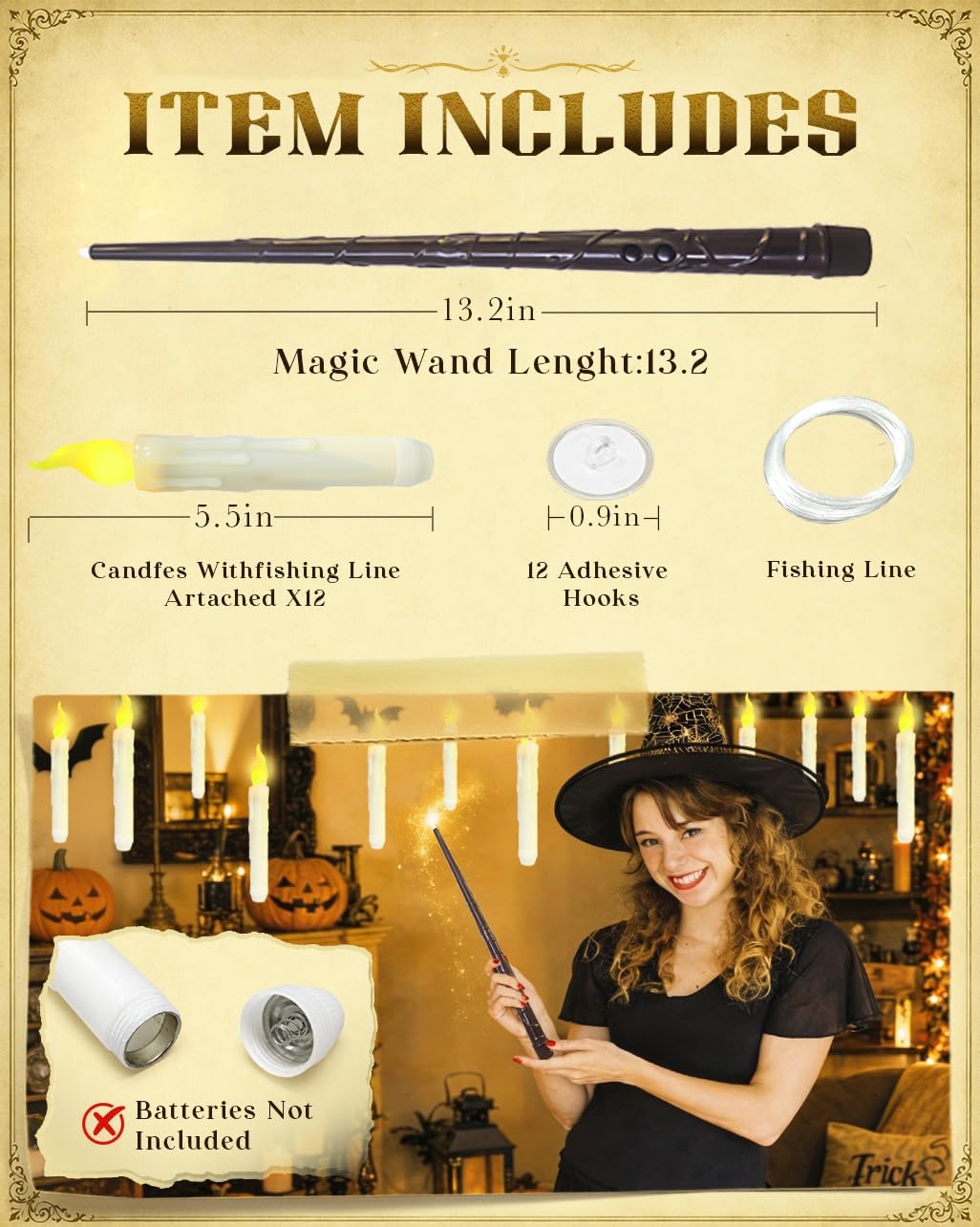 Flameless Floating Candles with Wand，12 Pcs Magic LED Hanging Taper Candles，Flickering Battery Operated Taper Candle with Wand Remote for Halloween Decorations