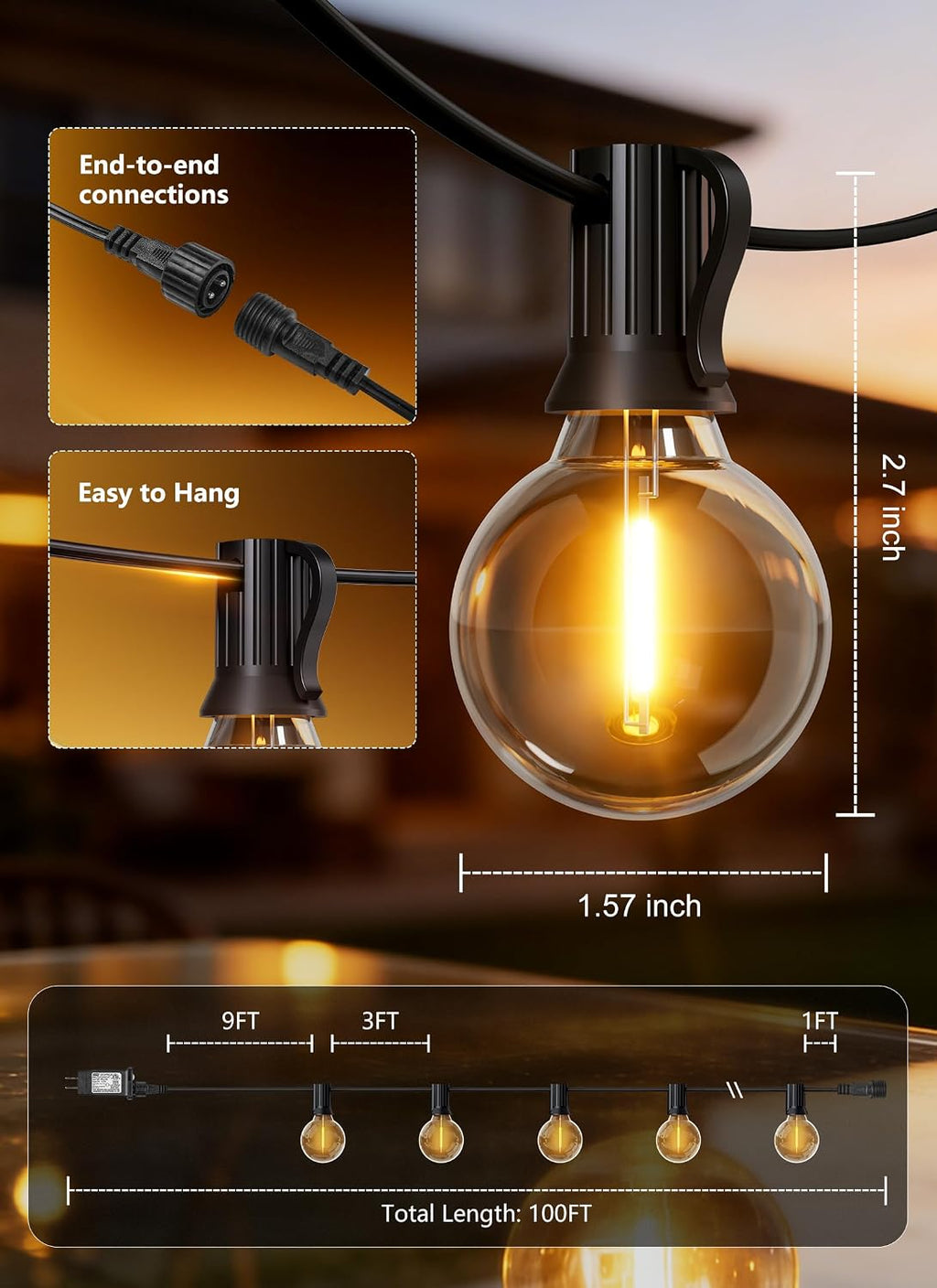 100Ft Outdoor String Lights with Remote, Dimmable G40 LED Bulbs, Waterproof