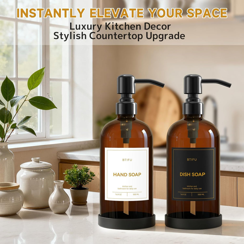 Kitchen Soap Dispenser Set – 16.8oz/500ml Glass Hand and Dish Soap Dispenser with Stainless Steel Pumps & Non-Slip Silicone Base, Luxury Countertop Decor for Home, Airbnb, Hotel (Amber & Black)