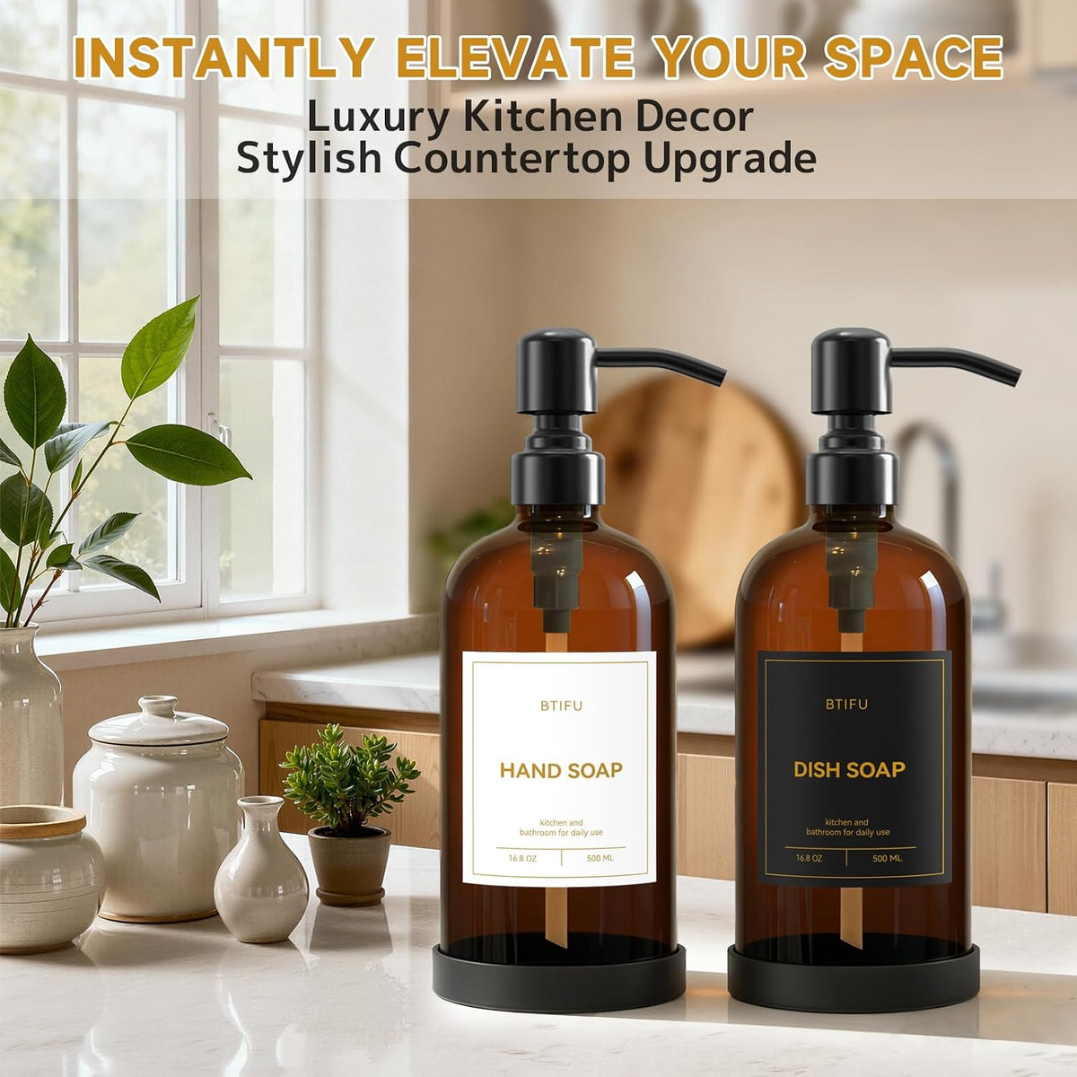 Kitchen Soap Dispenser Set – 16.8oz/500ml Glass Hand and Dish Soap Dispenser with Stainless Steel Pumps & Non-Slip Silicone Base, Luxury Countertop Decor for Home, Airbnb, Hotel (Amber & Black)