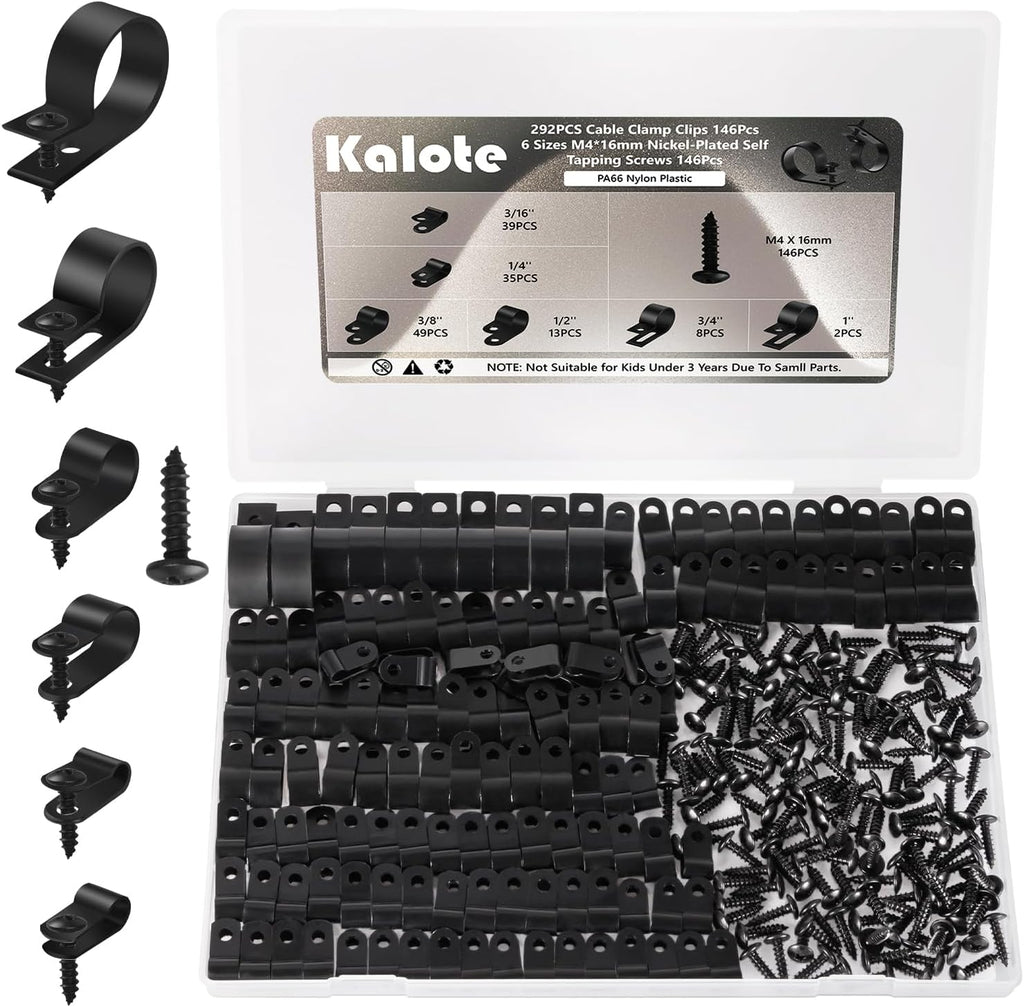 292Pcs Black PA66 Nylon R Cable Clamps Kit w/ M4 Screws, 6 Sizes