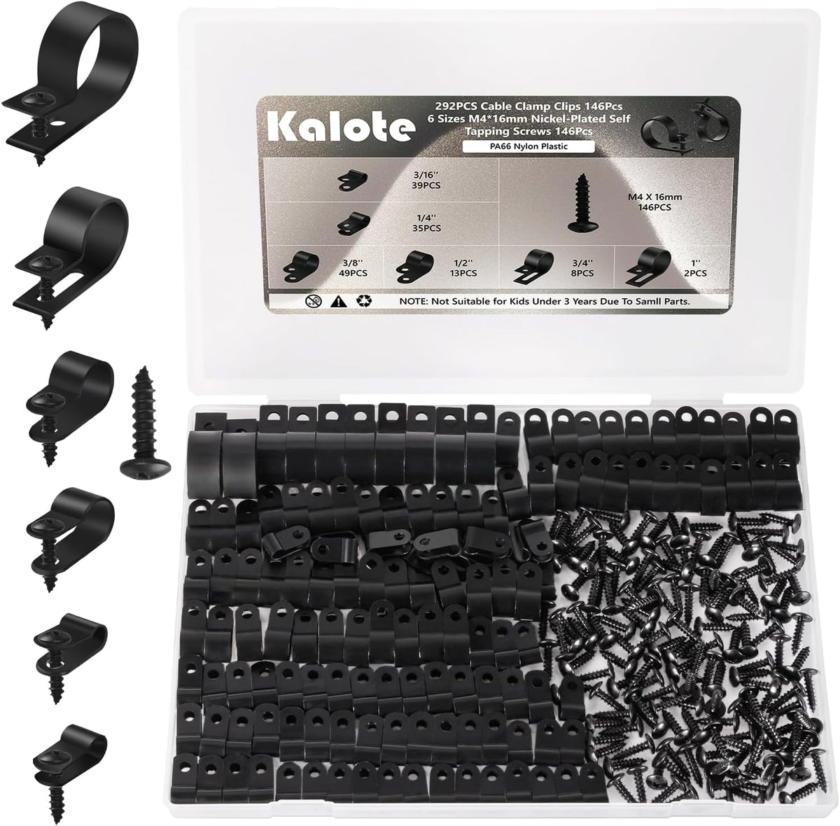 292Pcs Black PA66 Nylon R Cable Clamps Kit w/ M4 Screws, 6 Sizes