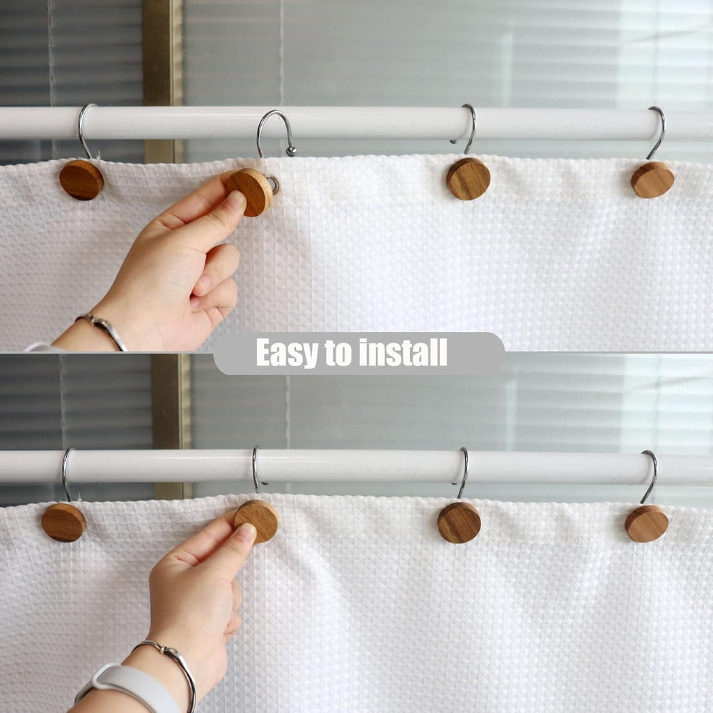 Shower Curtain Hooks, Wood Decorative Shower Curtain Rings, Modern Round Log Shower Curtain Hangers, 12PCS Metal Shower Hooks for Shower Curtain Rod, Bathroom, Bedroom, Living Room (Silvery)