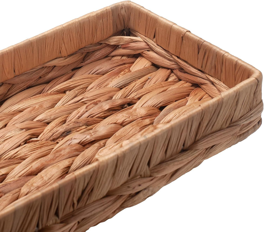 Woven Bathroom Vanity Tray for Storage Water Hyacinth Back of Toilet Basket Long Narrow Guest Towel Holder (Natural 16.3 x 6.1 x 2 inch)