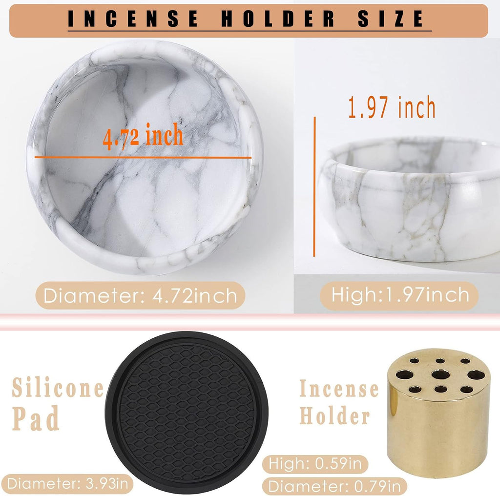 Marble Incense Holder, 9 Hole Burner for Meditation, Natural White & Grey Ash Grabber - Birthday Gift for Mom