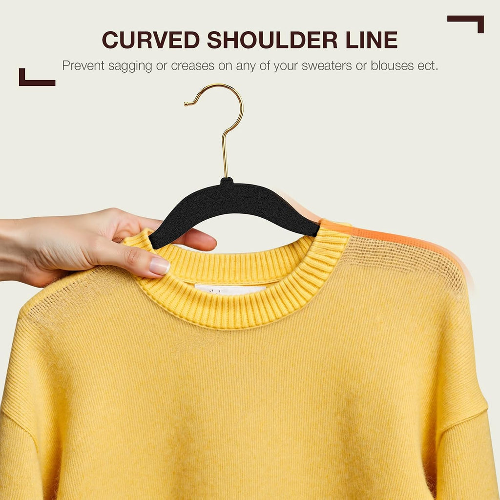 Korpai 50 Pack Black Velvet Hangers,Felt Hangers with Gold 360°Swivel Hook,Coat Hanger Non Slip,Heavy-Duty,Space Saving,Slim Clothes Hangers for Pants,Outfit,Skirts,Suits,Coats,Dresses ect.