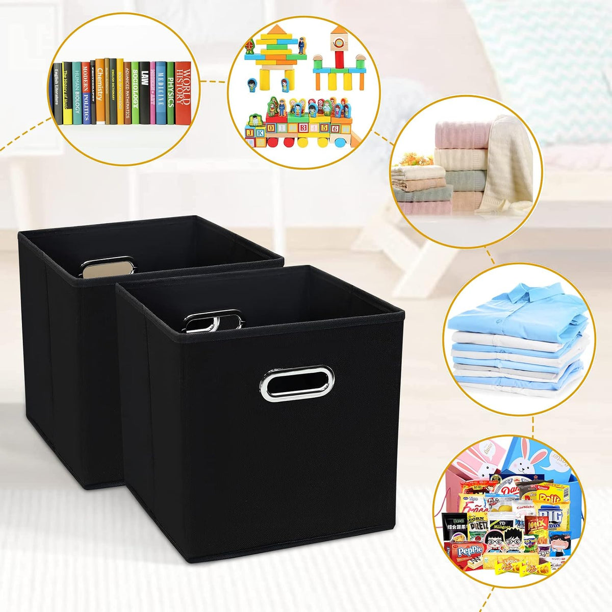 11 Inch Foldable Storage Bins ,Black Fabric Cubes Organizer Baskets with Handle for Closet or Collapsible Box, 11x11x11 Set of 2 (Black )