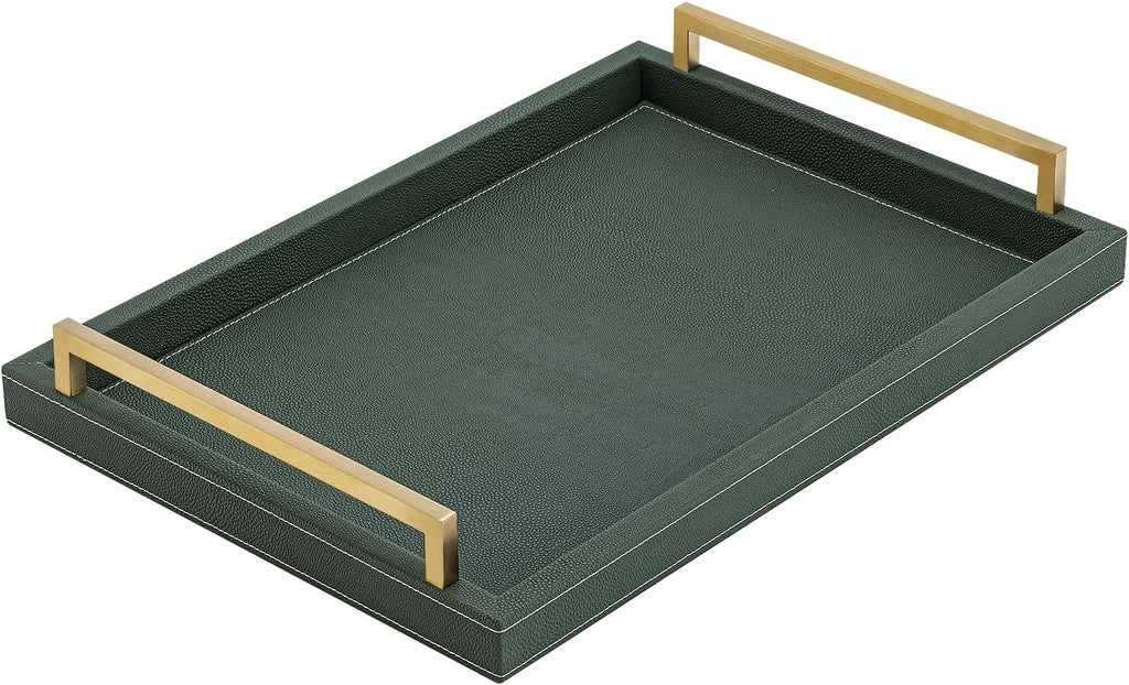 XIGEXIGE Green Decorative Serving Tray,Rectangular Tray for Coffee Table,Faux Leather Serving Tray with Handles for Ottoman,Shagreen Leather Tray for Bathroom