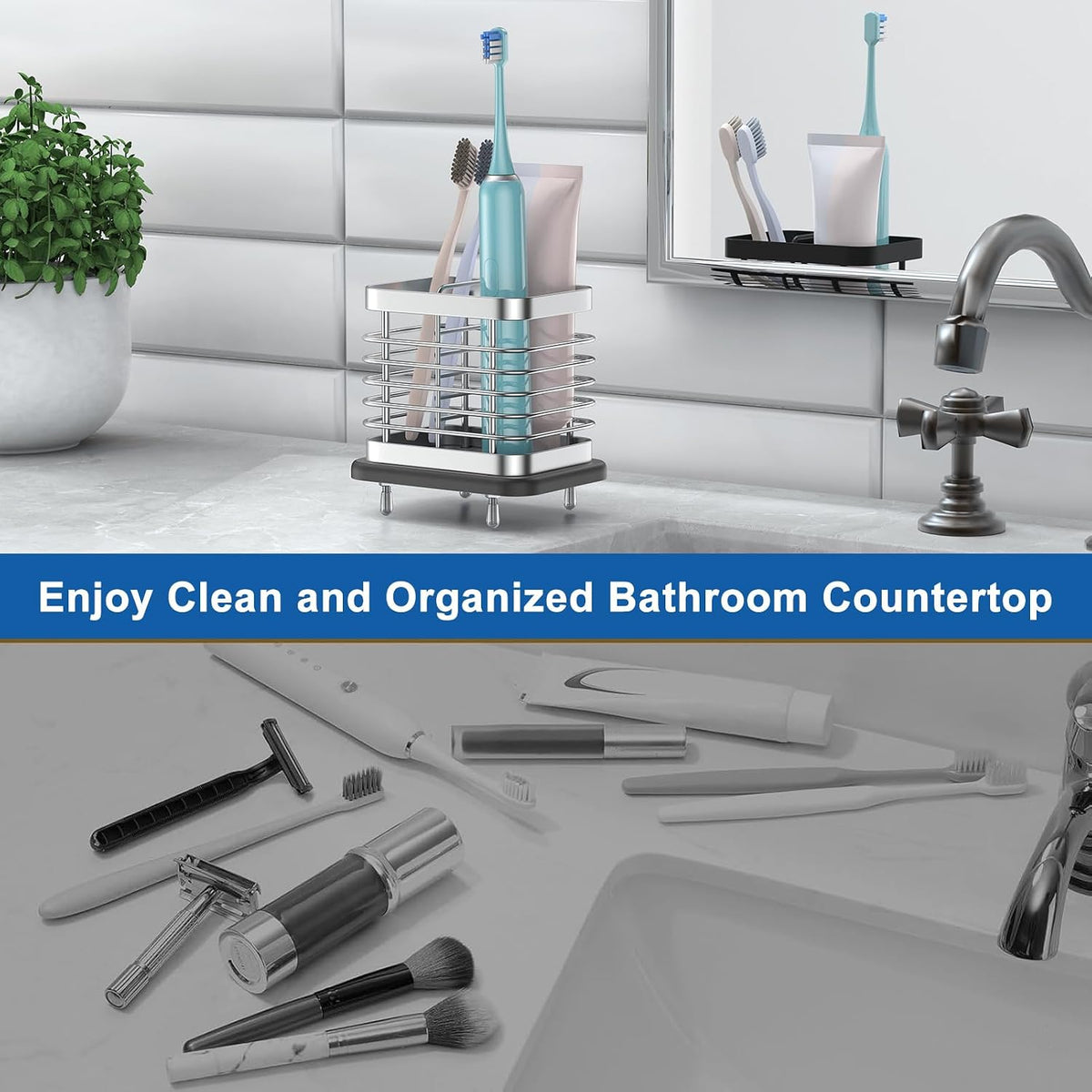 Toothbrush Holders for Bathroom, Adhesive Electric Toothbrush Holder with Fast Dry Tray Wall Mounted Toothbrush Holder Shower Toothpaste Bathroom Organizer Essentials, 2 Slots, Silver